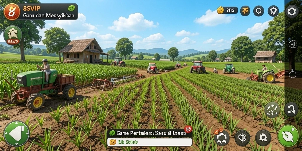 Screenshot gameplay 8SVIP menampilkan lahan pertanian yang subur dan aktivitas bercocok tanam.