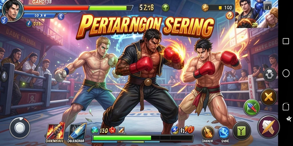 Tampilan gameplay seru bertarung di GAYO138 dengan banyak karakter.