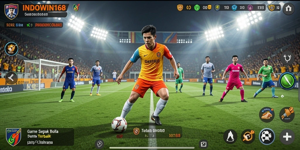 Tampilan gameplay seru INDOWIN168 dengan aksi di lapangan sepak bola.