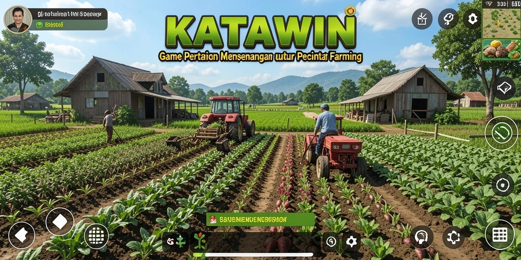 Tampilan utama gameplay KATAWIN menampilkan ladang yang hijau dan hewan menggemaskan.