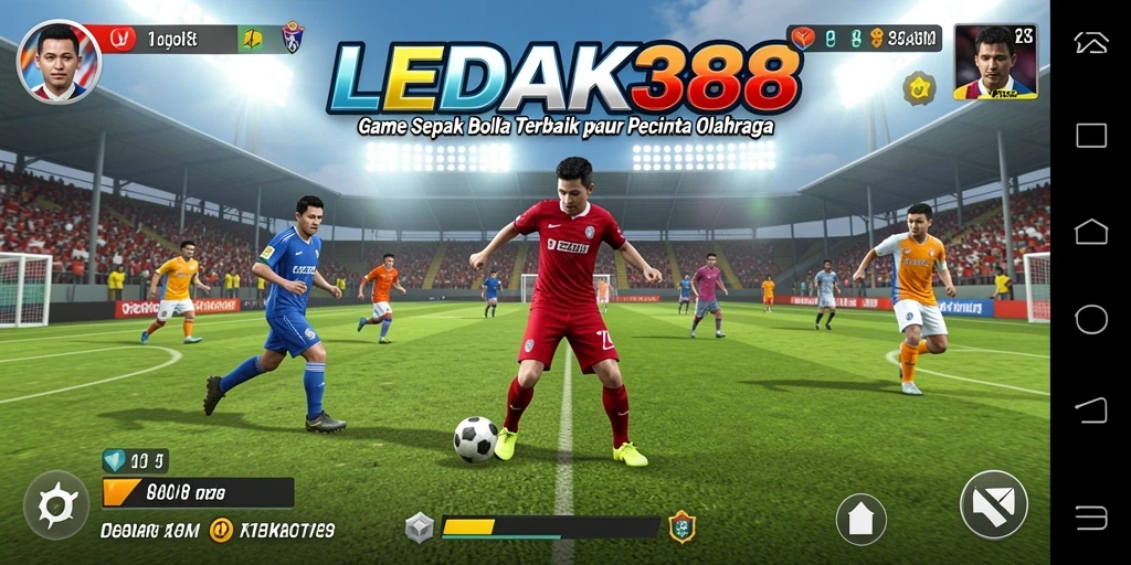 Tampilan gameplay LEDAK388 dengan suasana pertandingan sepak bola yang mendebarkan.
