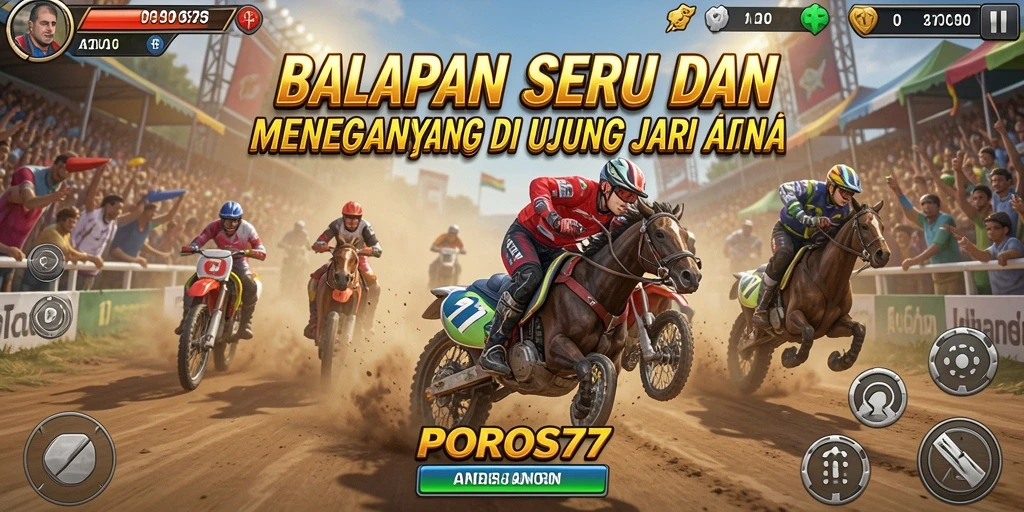 Gameplay POROS77 dengan balapan seru dan intens.