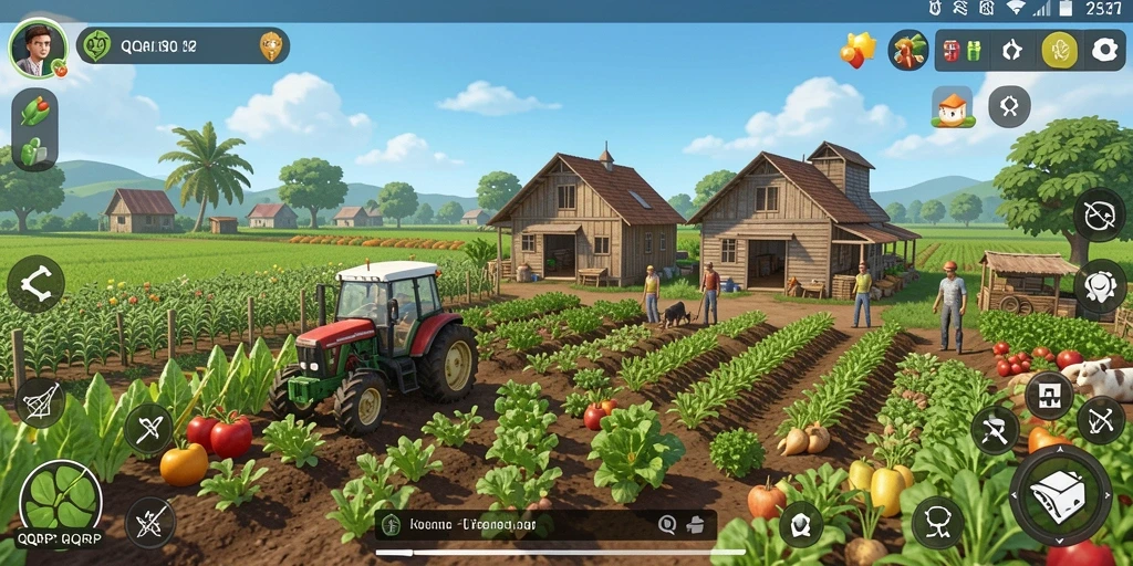 Screenshot gameplay QQRP menampilkan ladang yang indah dan aktivitas bertani seru.